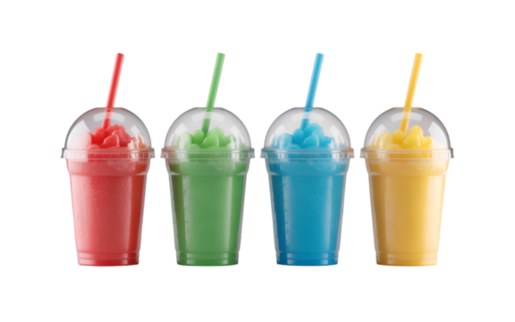 Vibrant Flavors: A captivating display of four brightly colored slushies, each brimming with refreshing, icy goodness, a perfect visual treat on a summer day.