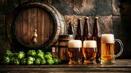 A wooden barrel with a handle and a cork, filled with dark brown beer, placed on a rustic wooden table with a rustic wooden background.
