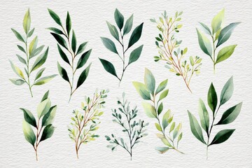 Fototapeta premium Delicate watercolor greenery set - elegant foliage for weddings, invitations, home decor, fashion backdrops, and unique designs. Ideal for floral lovers and creative artisans