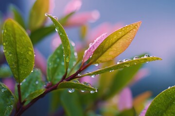 April rain nurtures blossoming flowers with glistening droplets on lush green leaves under a pastel sky, ideal for seasonal inspirations and nature lovers