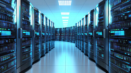 A modern, sleek data center with rows of servers and computer racks, illuminated by blue and white lights, with a clean, white floor and ceiling.