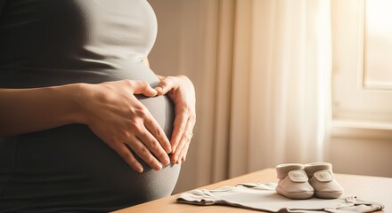 Pregnant Woman Making Heart Shape with Hands and Baby Shoes on a Table
