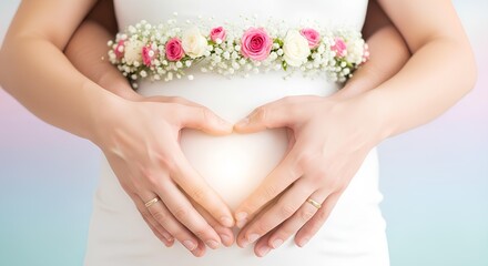 Expectant couple making a heart shape with their hands on the pregnant belly. A concept of love, family, and new beginnings.