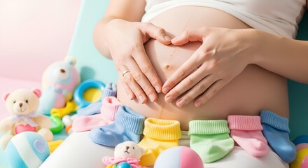 Loving expectant mother prepares for her new baby, showing a heart on her tummy surrounded by colorful baby essentials