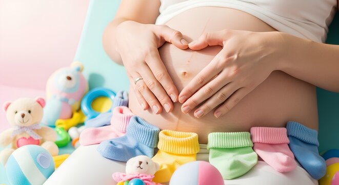 Loving expectant mother prepares for her new baby, showing a heart on her tummy surrounded by colorful baby essentials