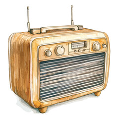 Vintage Watercolor Radio with Wooden Finish and Two Antennas Angled View