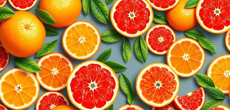 Vibrant seamless patterns featuring whole and sliced oranges ,   artwork,  food
