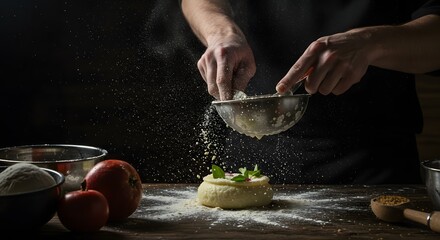 Hands of a chef or baker sifting flour with a sieve over pastry dough on a rustic wooden table.
