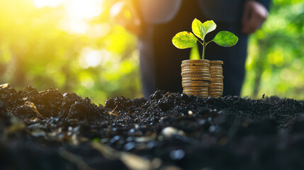 A person planting a seedling in a garden, with a pile of coins in the foreground and a blurred figure in the background.