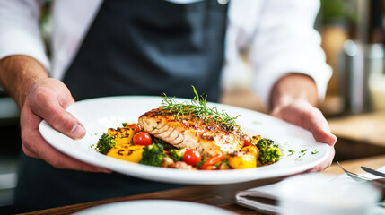A chef in a white coat and black apron holding a plate of grilled salmon with vegetables.