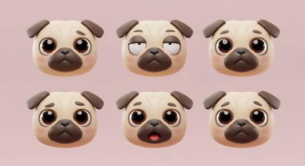 Obraz premium Pug dog faces various expressions cartoon