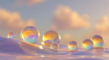 Irridescent spheres resting on a smooth surface, against a soft, pastel sky.