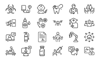 24 Medical and Healthcare Line Icons Hospital, Doctor, Patient Care, Emergency, Surgery, Pharmacy, Vaccination, Telemedicine, First Aid, and Medical Equipment Vector Icon Bundle