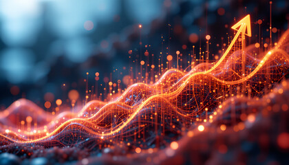 Dynamic financial growth visualized with glowing orange data streams and upward trending arrow