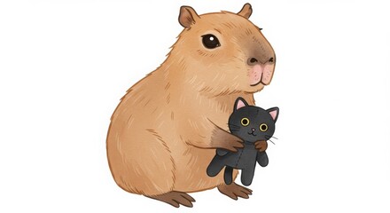 Naklejka premium a cute cartoon capybara holding a black cat plush toy in a watercolor style