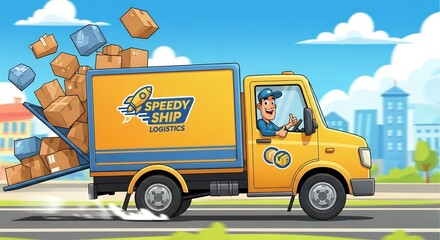 Fototapeta premium Yellow Delivery Truck Unloading Brown Cardboard Boxes on Urban Road with Blue Sky
