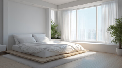 Minimalist modern bedroom sleek clean interior white neutral tone  beige grey spacious.
