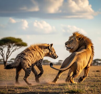 Hyna is chasing a lion