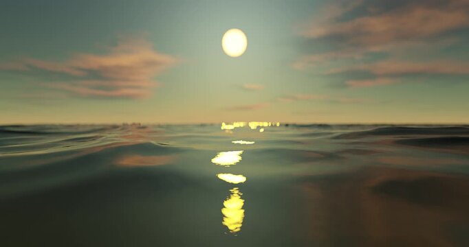 Wave sea beach and sunset sky abstract background. Nature and summer concept. 3d render.	