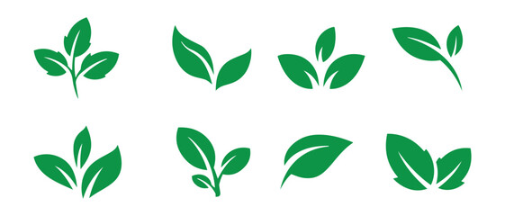 Minimalist Leaf Icon Set. Eco-Friendly Line Art in Green and Black for Nature, Sustainability, and Branding Designs.