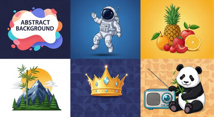 Collection of abstract background, astronaut, fruit, mountain, crown, and panda vector illustrations