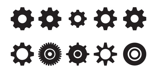 Gear Icon Set. 10 Unique Mechanical and Cogwheel Designs.
