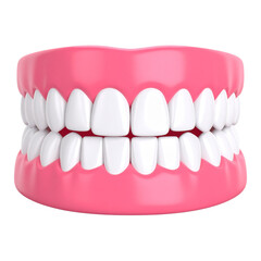 A close-up, isolated view of a set of human teeth, showing healthy gums and perfect white teeth.