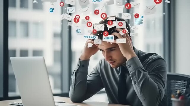Stressed businessman overwhelmed by digital notifications in a modern office setting