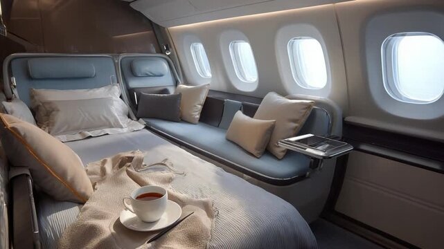 Luxury Airplane Cabin: Experience the pinnacle of travel in an opulent airplane cabin. This shot showcases a private suite, furnished with a comfortable bed, plush pillows, and a small table.