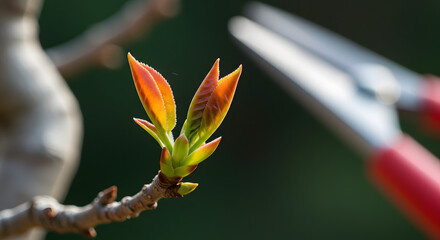 Vibrant New Plant Leaves Sprouting with Pruning Shears in Background for Spring Gardening