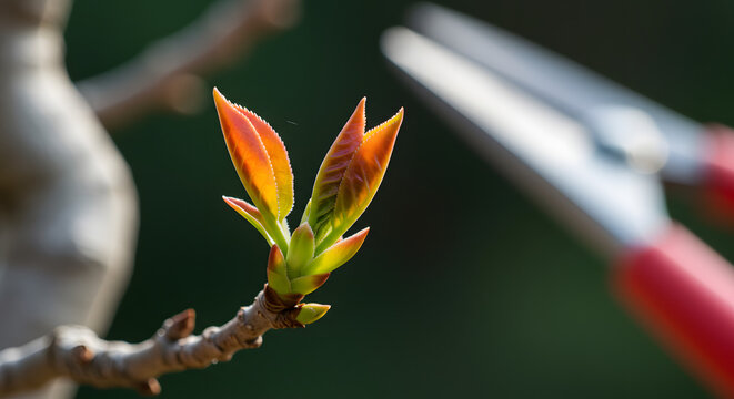 Vibrant New Plant Leaves Sprouting with Pruning Shears in Background for Spring Gardening