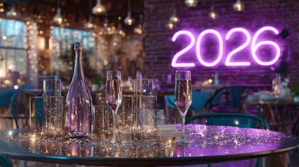 Dazzling New Year 2026 celebration dance floor ready with sparkling decorations and neon lights