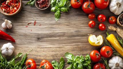 A wooden table with a variety of fresh vegetables and herbs, including tomatoes, basil, and garlic, arranged in a colorful and vibrant display.