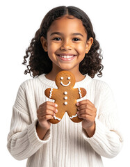 Happy girl proudly displays a large, decorated gingerbread man cookie isolated on transparent background.