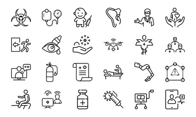 24 Medical and Healthcare Line Icons Hospital, Doctor, Patient Care, Emergency, Surgery, Pharmacy, Vaccination, Telemedicine, First Aid, and Medical Equipment Vector Icon Bundle