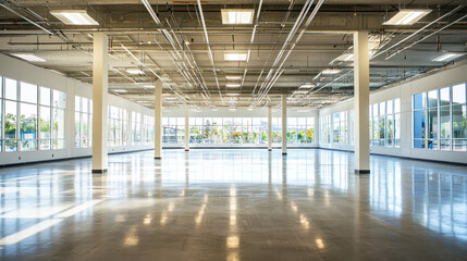 A spacious, empty warehouse with high ceilings and large windows, featuring white columns and a polished concrete floor.