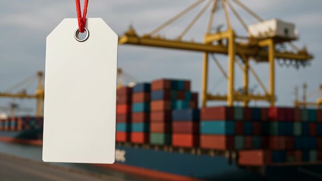 Blank tag with red string hanging front of cargo ship and container cranes showing logistics cost increase shipping industry port