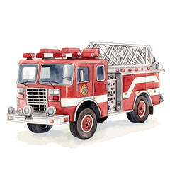 Watercolor Illustration of a Classic Red Fire Truck with Ladder