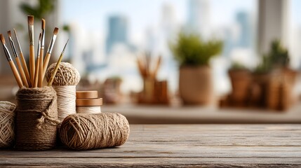 Creative Crafts Workspace with Yarn, Brushes, and Natural Elements