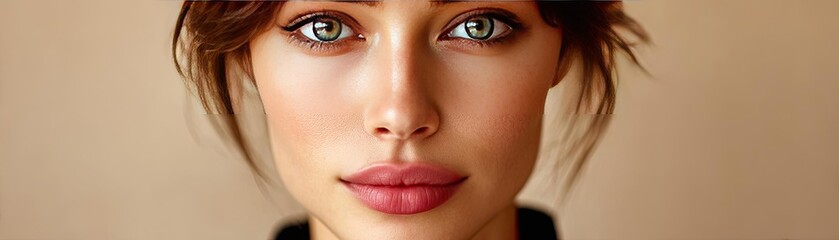 Fototapeta premium Puffy cheeks under circles and skin concept. A close-up portrait of a beautiful woman with striking features.