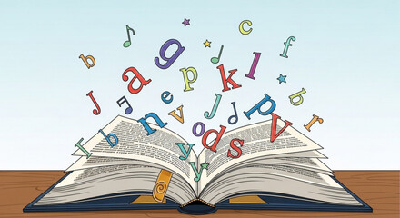 Open book with flying letters and musical notes illustration on a wooden table