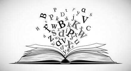 Open book with flying letters illustration