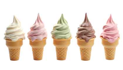 Assorted Soft Serve Ice Cream Cones Isolated on White