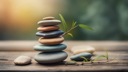 Serene Cairn of Earth-Toned Stones and Bamboo in Warm, Diffused Sunlight