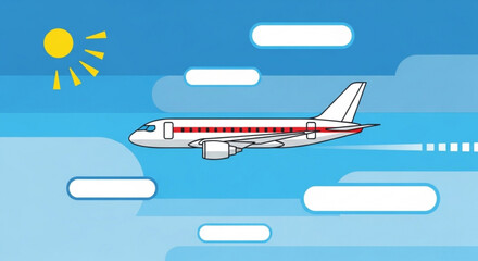 Illustration of an airplane flying in the sky with clouds and sun, vector design element