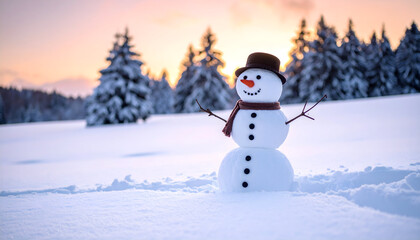 Obraz premium Cheerful Snowman In Winter Wonderland Against Orange Sunset and Snowy Pine Trees