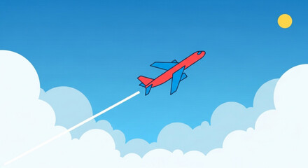 Cartoon airplane flying in the blue sky with clouds and sun, a perfect travel and vacation concept