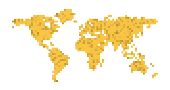 Pixelated world map design in yellow on a white background
