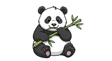 Cute panda bear eating bamboo, cartoon illustration for kids