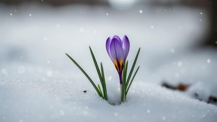 Solitary Purple Crocus Pierces Winter Snow with Bokeh Lights